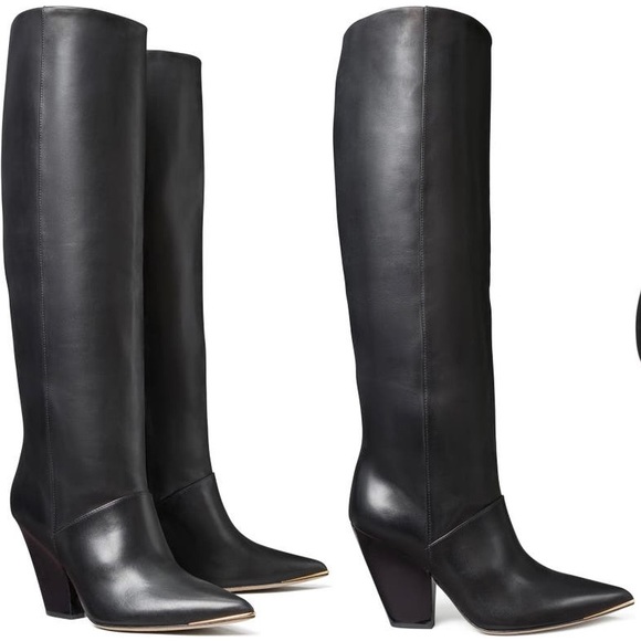 SOLD⛔️TORY BURCH SOFT LEATHER Knee high 3.6" heel pointy gold tip toe boots - Picture 3 of 16